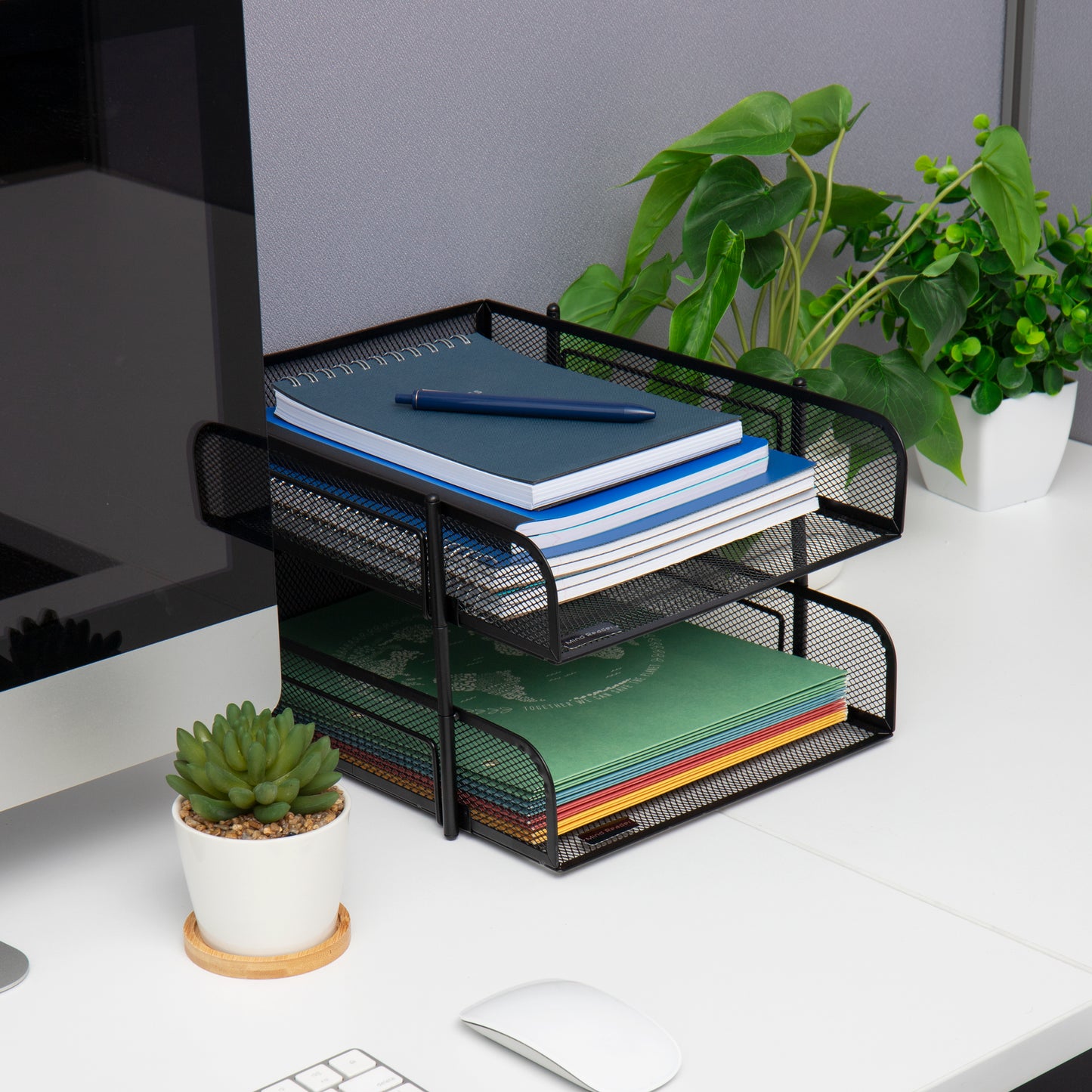 Mind Reader Paper Tray, Desk Organizer, Stackable, Storage, Office, Metal Mesh, 10.5"L x 13.25"W x 7.5"H, Set of 2, Black