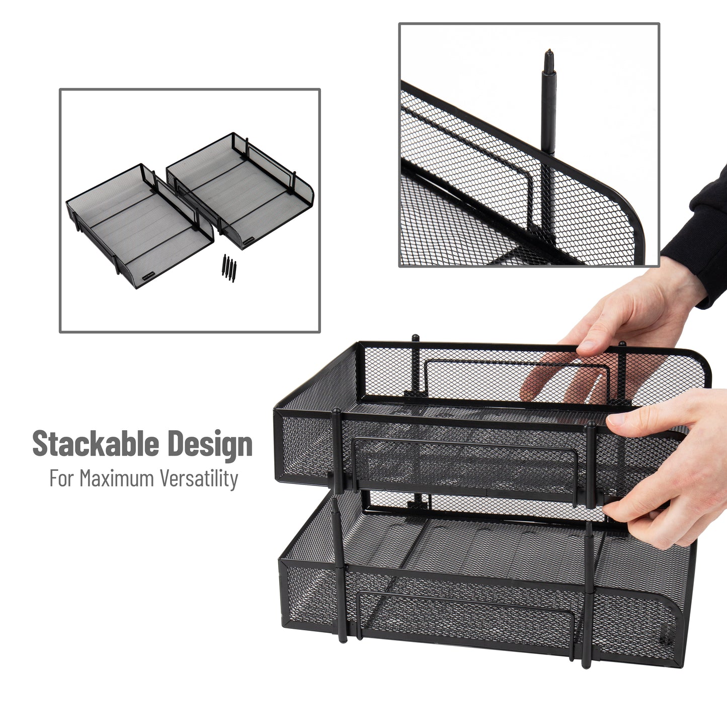 Mind Reader Paper Tray, Desk Organizer, Stackable, Storage, Office, Metal Mesh, 10.5"L x 13.25"W x 7.5"H, Set of 2, Black