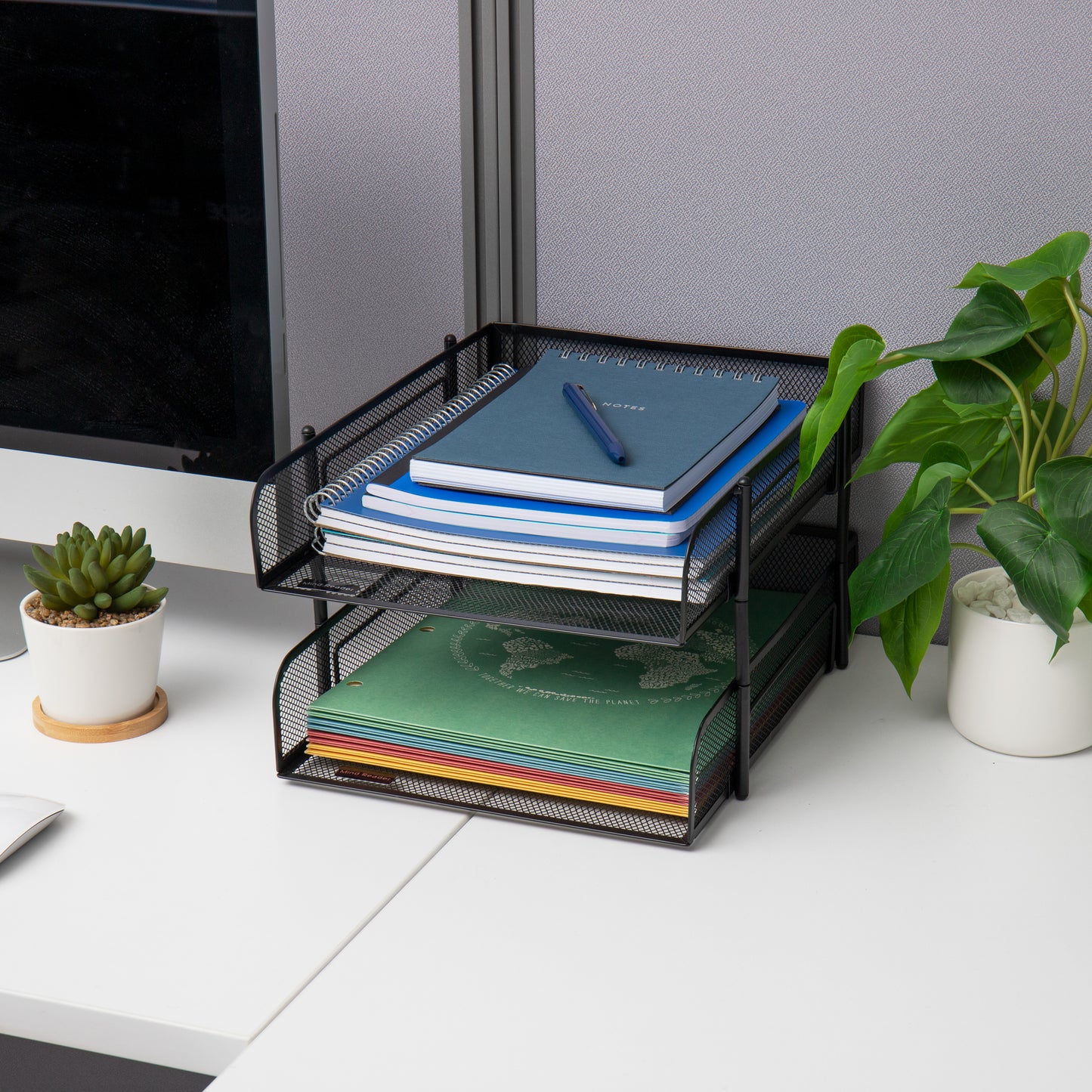 Mind Reader Paper Tray, Desk Organizer, Stackable, Storage, Office, Metal Mesh, 10.5"L x 13.25"W x 7.5"H, Set of 2, Black
