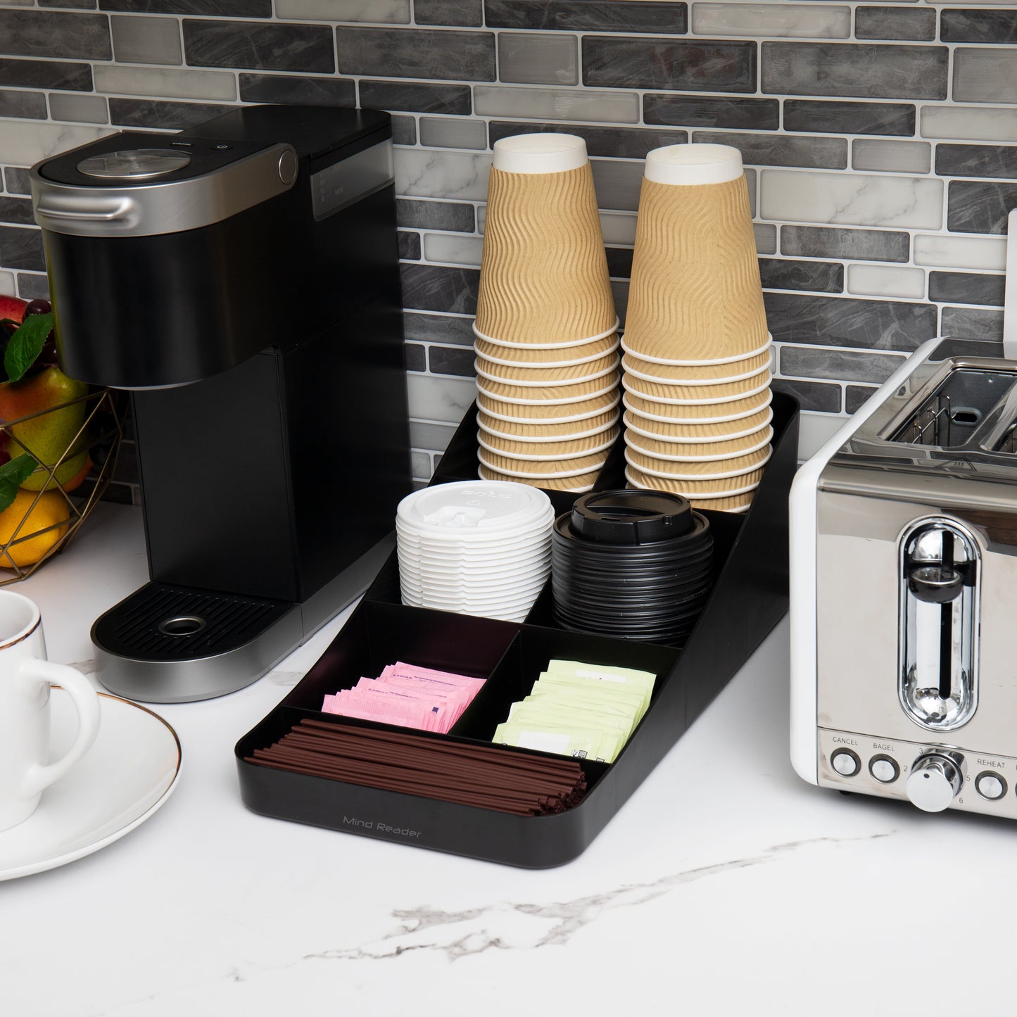 Mind Reader Countertop Organizer, Office Breakroom Supply Caddy for Cups Lids Stirrers and Condiments, Metal Mesh, Black