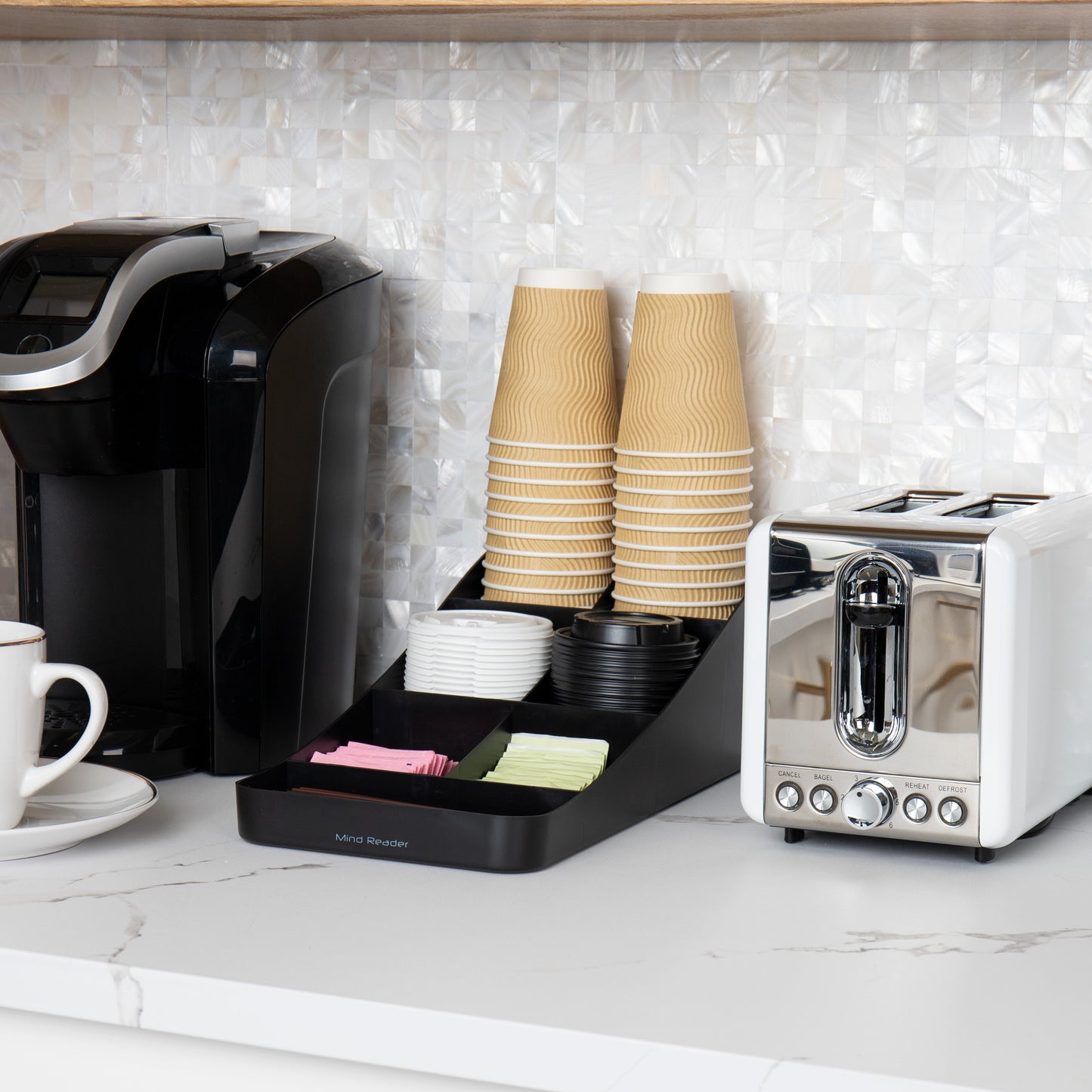 Mind Reader Countertop Organizer, Office Breakroom Supply Caddy for Cups Lids Stirrers and Condiments, Metal Mesh, Black