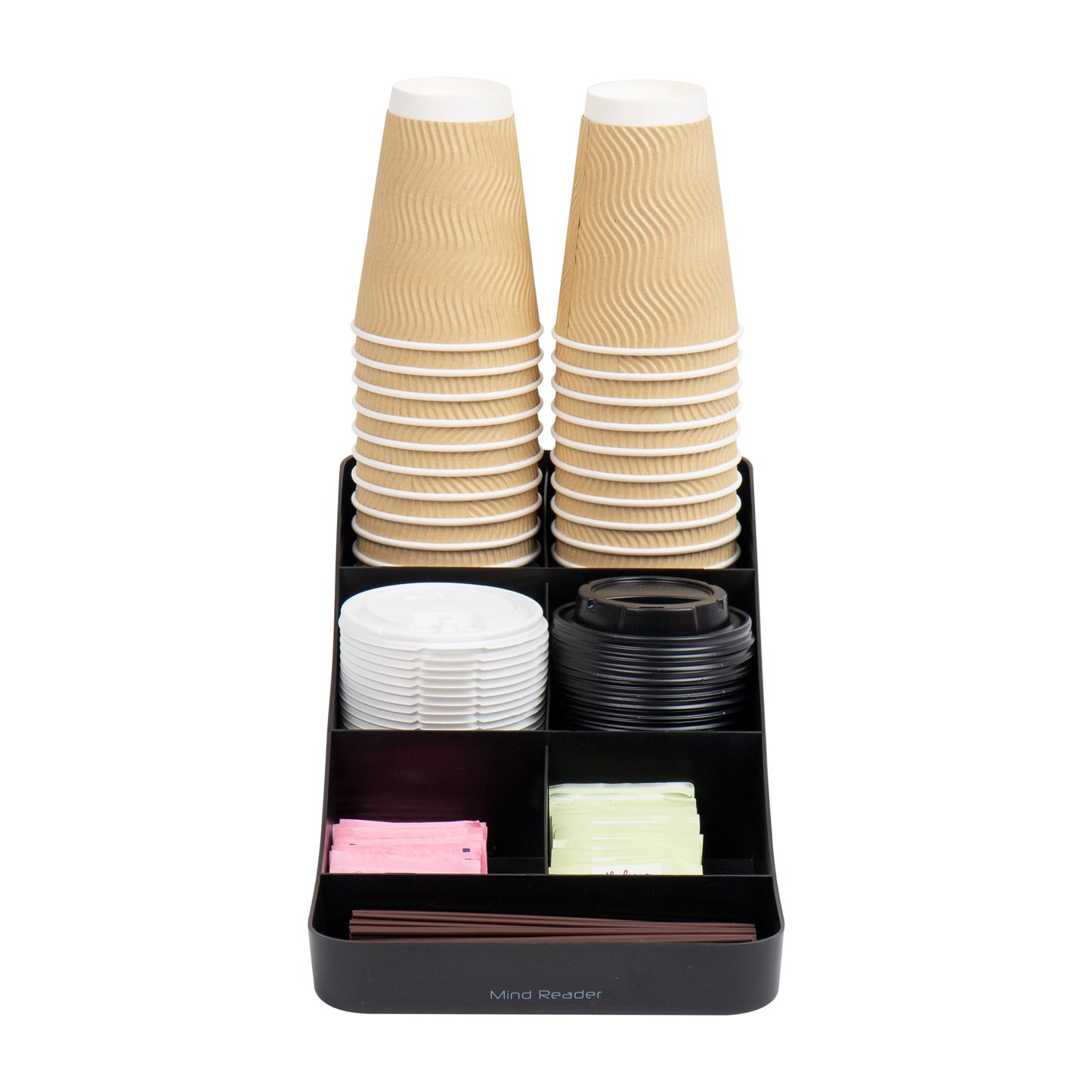 Mind Reader Countertop Organizer, Office Breakroom Supply Caddy for Cups Lids Stirrers and Condiments, Metal Mesh, Black