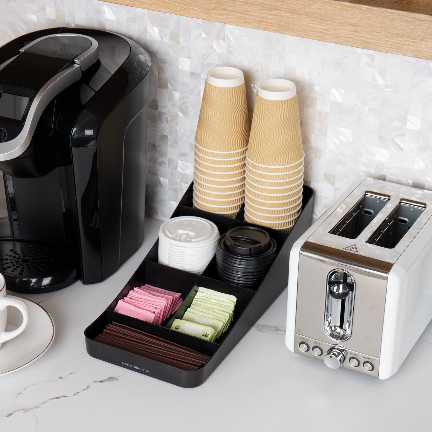Mind Reader Countertop Organizer, Office Breakroom Supply Caddy for Cups Lids Stirrers and Condiments, Metal Mesh, Black