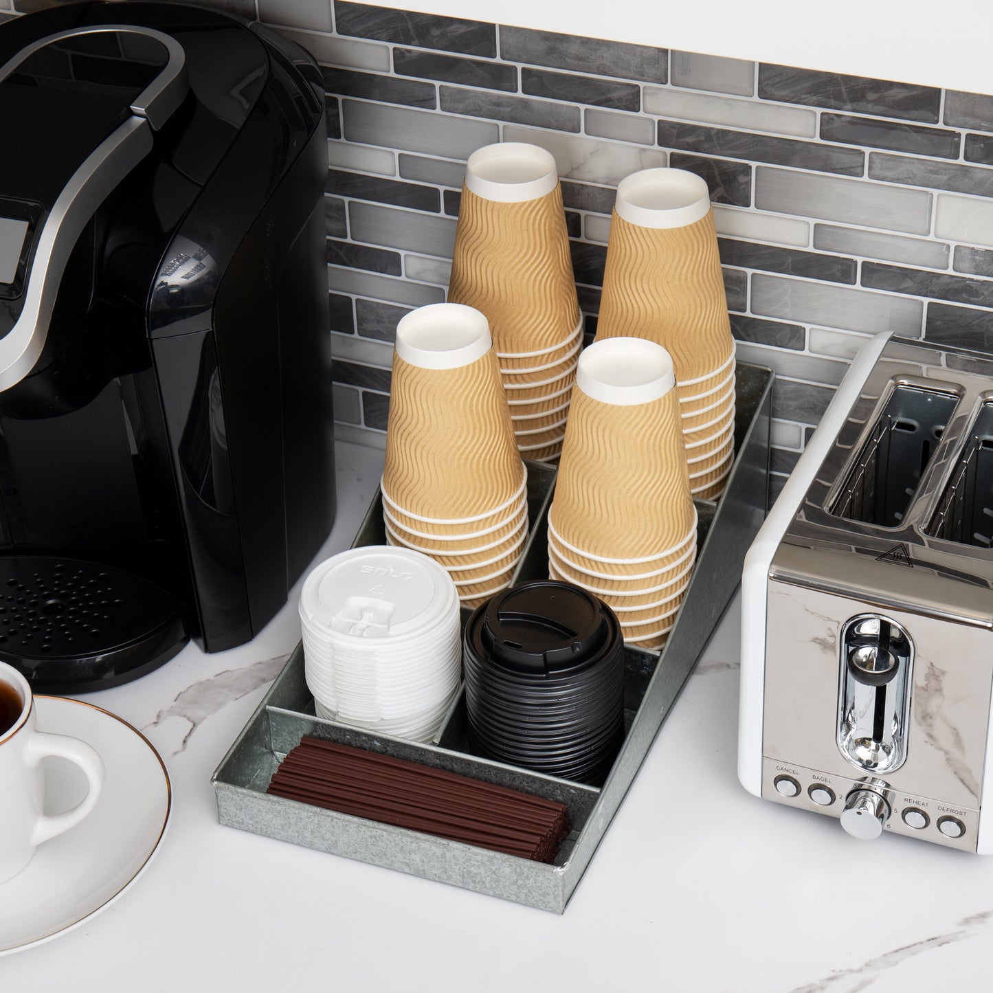 Mind Reader Countertop Organizer, Office Breakroom Supply Caddy for Cups Lids Stirrers and Condiments, Metal Mesh, Black
