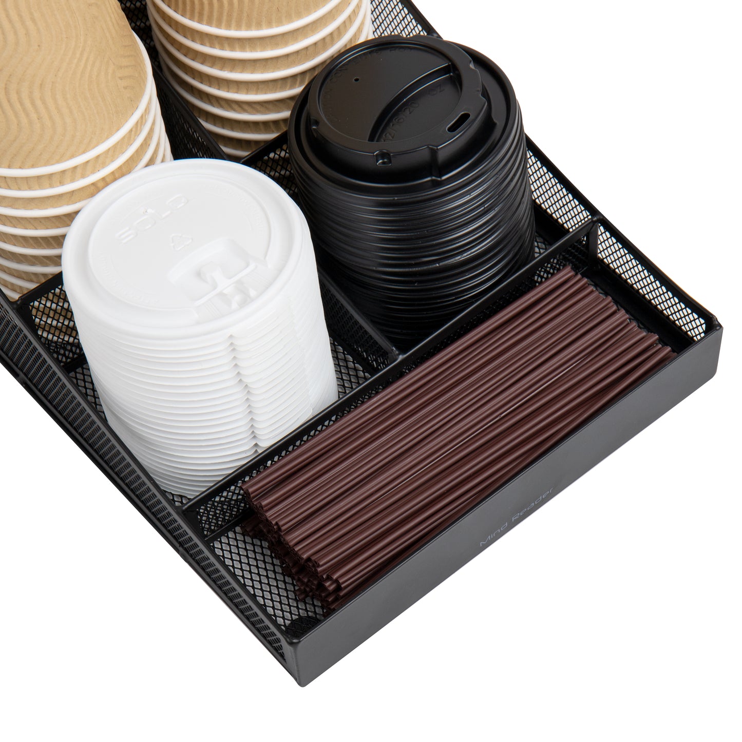 Mind Reader Countertop Organizer, Office Breakroom Supply Caddy for Cups Lids Stirrers and Condiments, Metal Mesh, Black