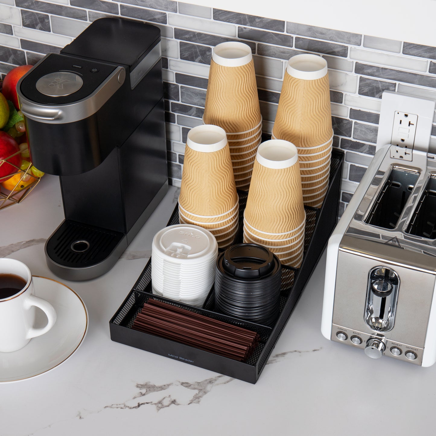 Mind Reader Countertop Organizer, Office Breakroom Supply Caddy for Cups Lids Stirrers and Condiments, Metal Mesh, Black